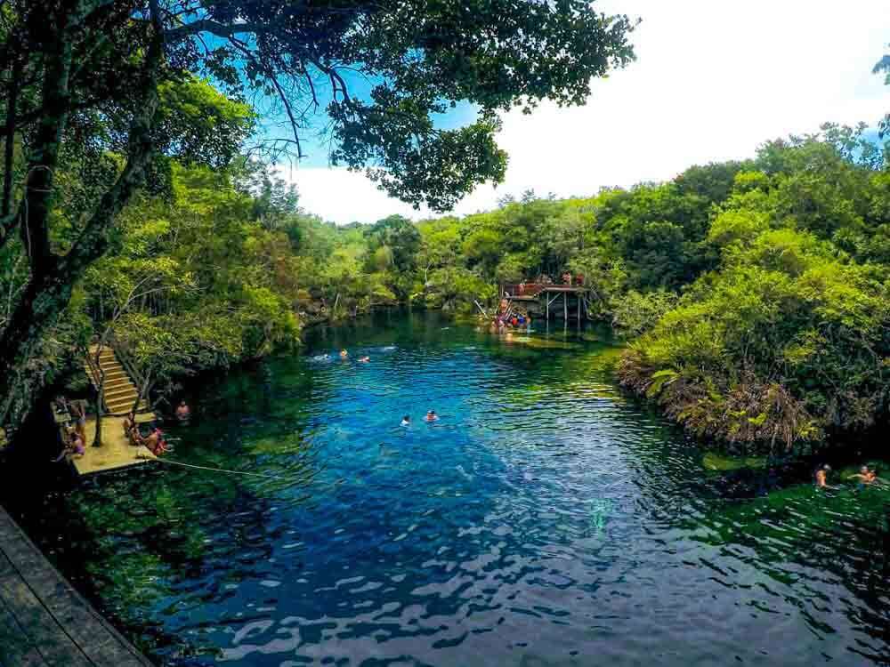 Swimmers enjoy the serene, clear waters of a Eden Cenote surrounded by a dense green forest, with a wooden platform for jumping