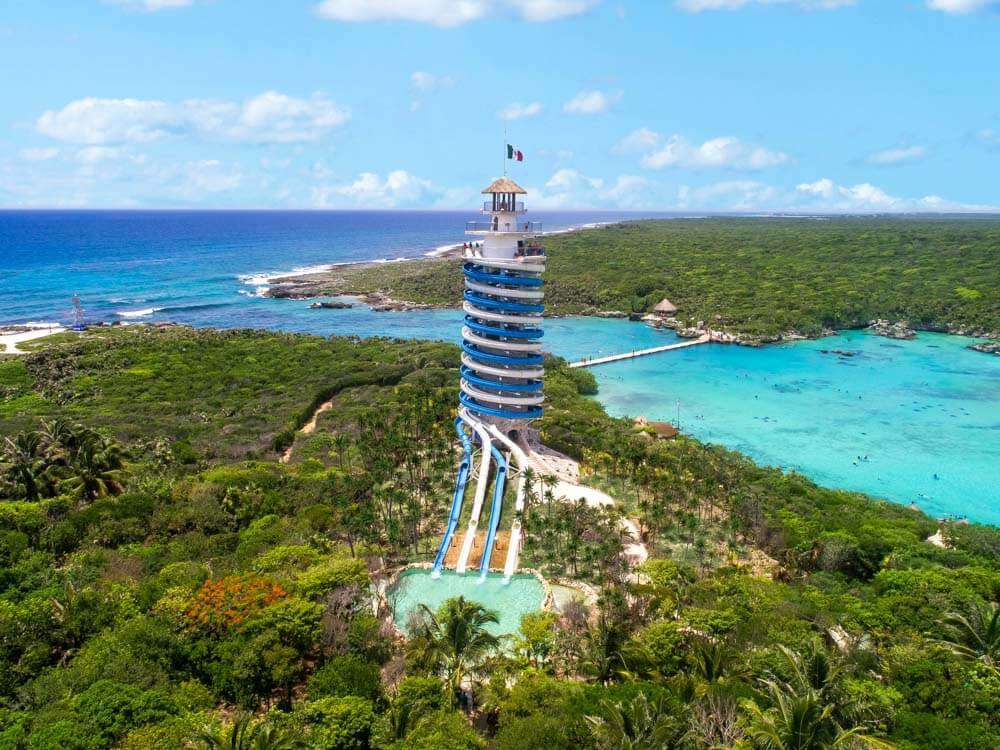 The water slide surrounded by lagoons at Xel Ha Adventure Park