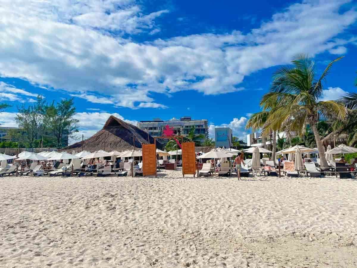 Lounge chairs roped off at a Playa del Carmen beach club