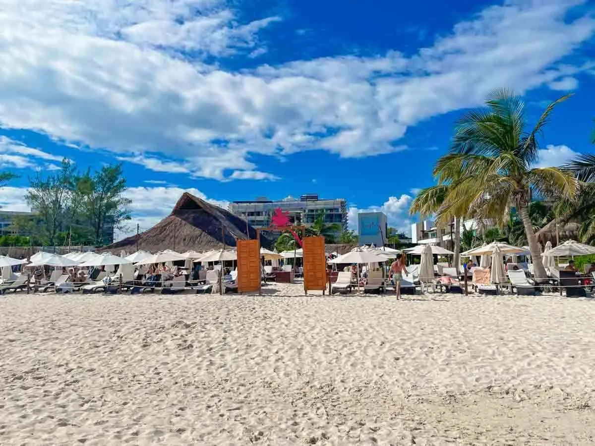 Lounge chairs roped off at a Playa del Carmen beach club