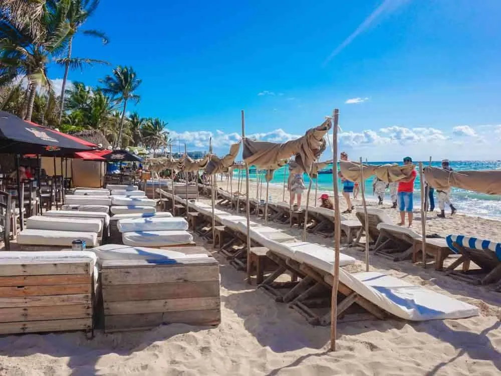 Lounge beds on the beach at Zenzi Beach Club Playa del Carmen
