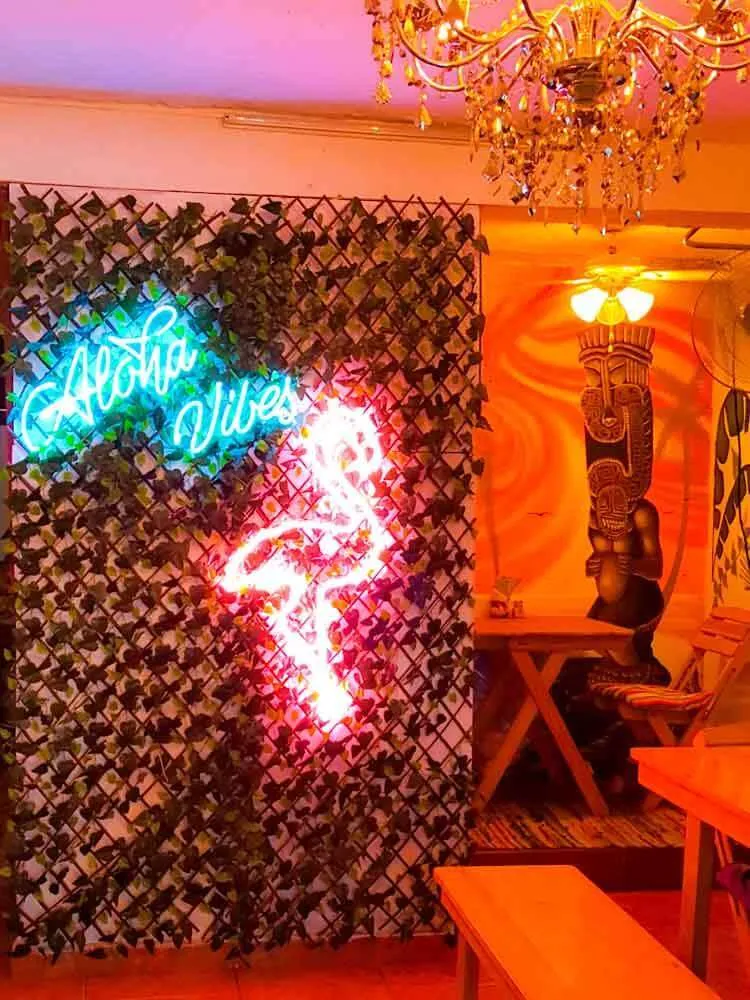 A neon flamingo sign at Aloha Raw Bar Playa del Carmen
