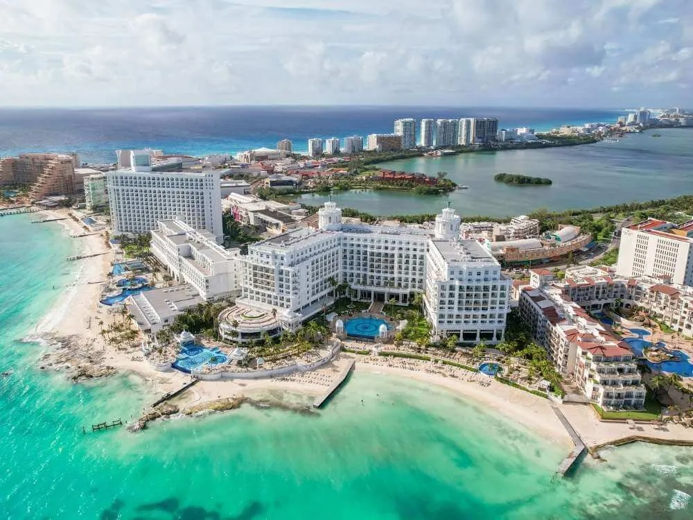 An aerial view of the Cancun Hotel Zone next to the ocean