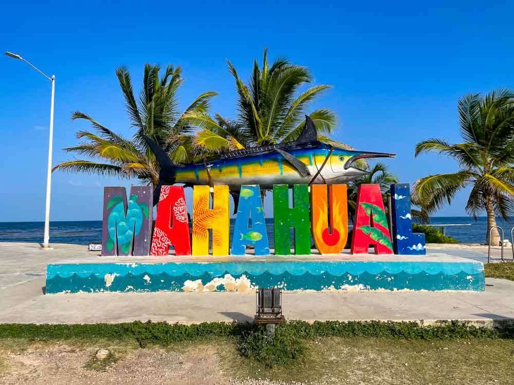 The colorful Mahahual letters with a large fish on top in front of palm trees