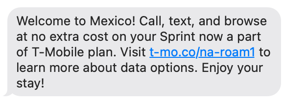 T-Mobile Welcome to Mexico Text Message