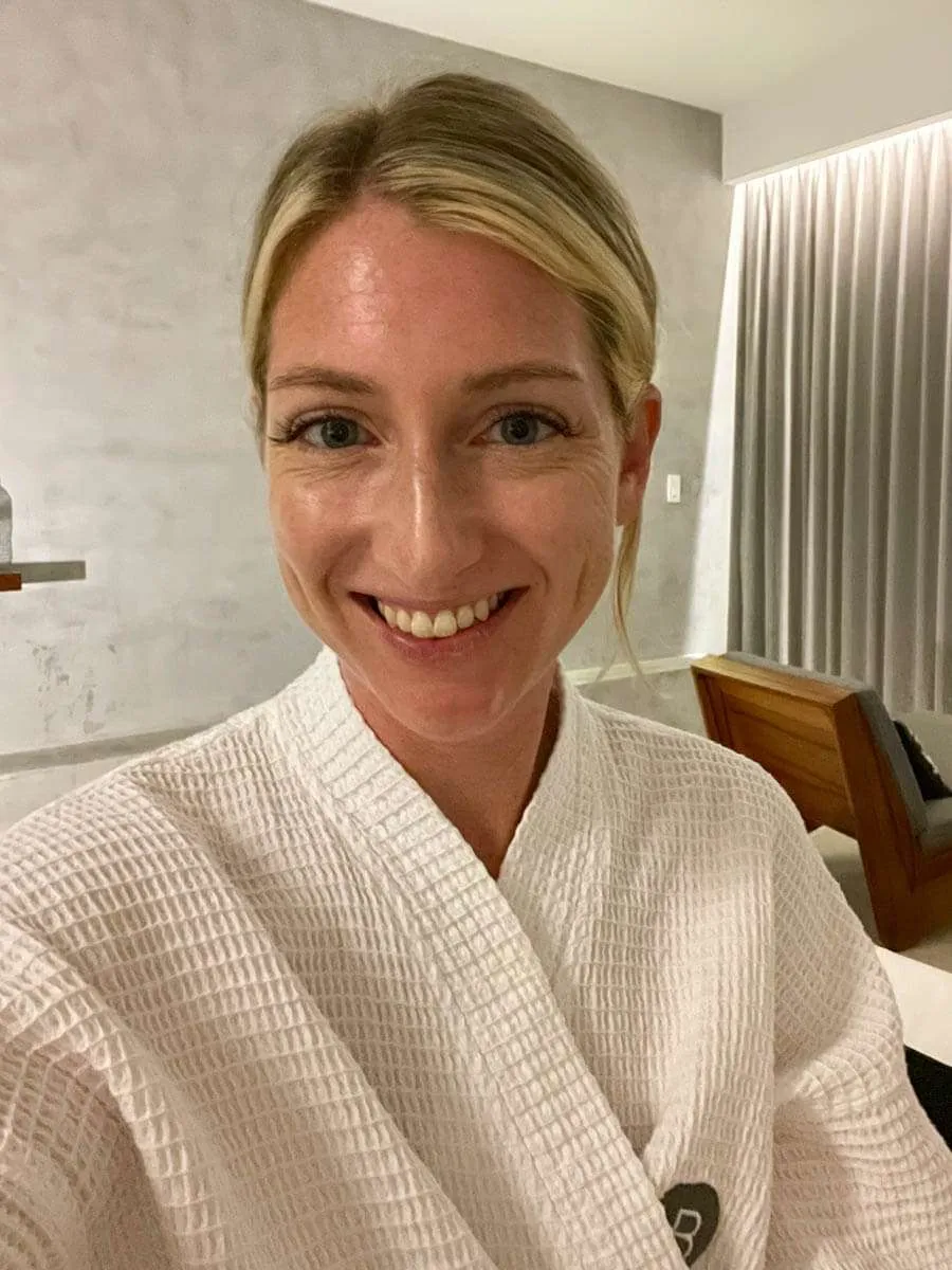 Girl wearing a bathrobe at Hotel B Unique Cozumel Mexico
