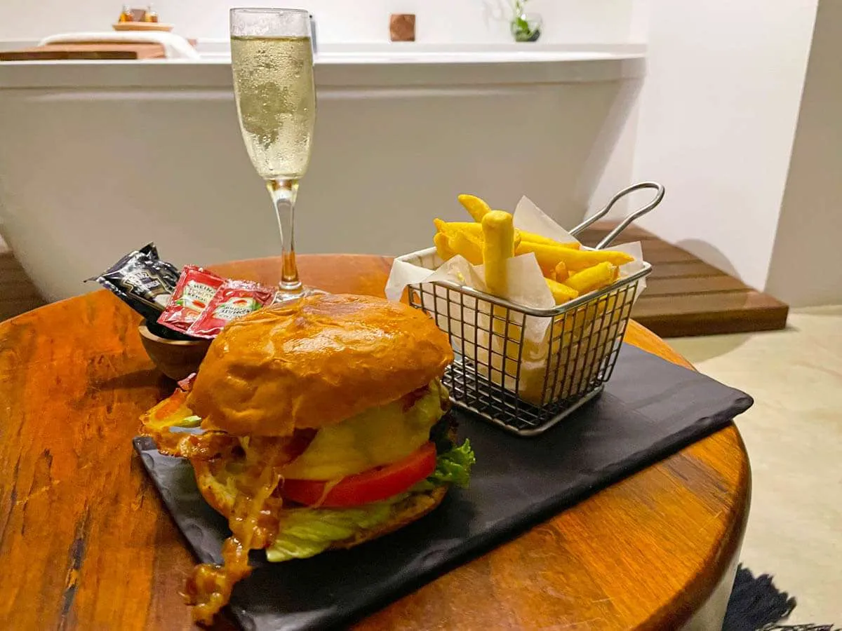 Hamburger and fries from Room Service at Hotel B Unique Cozumel