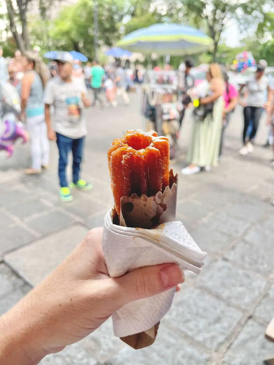 Me holding a stuffed churro in front of the crowds in Coyoacan Mexico City