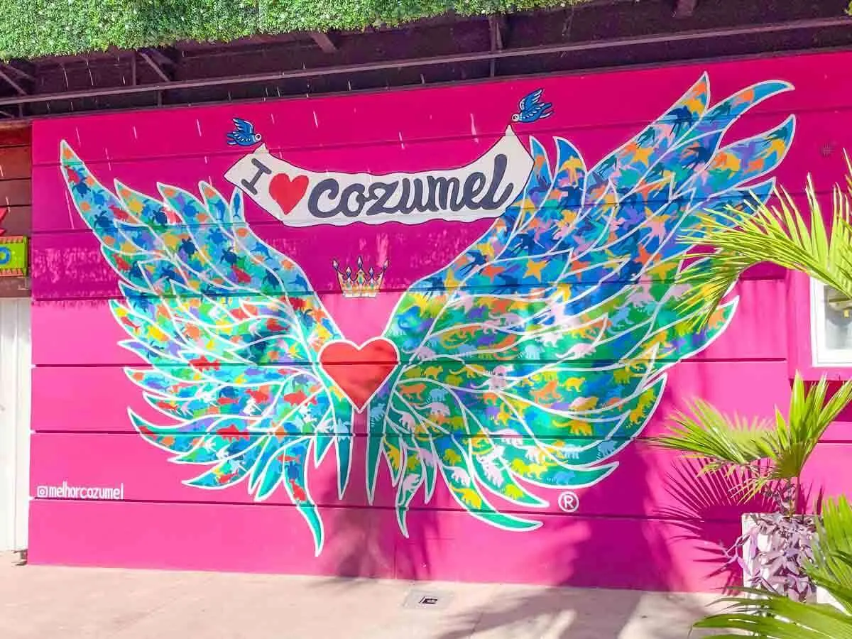 A pink wall with artwork with wings and a heart in Cozumel Mexico