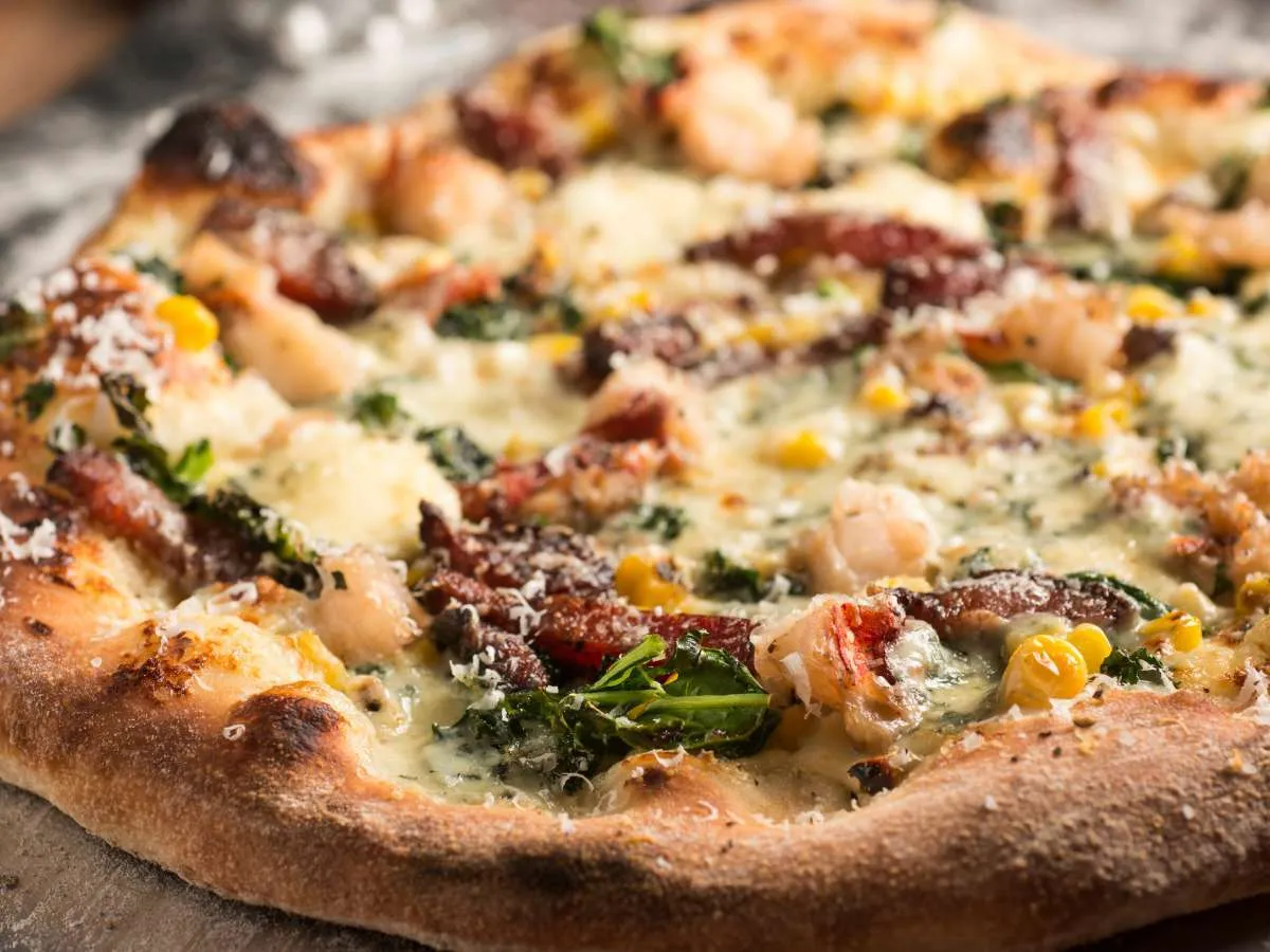 A close up view of lobster pizza, the signature dish in Holbox