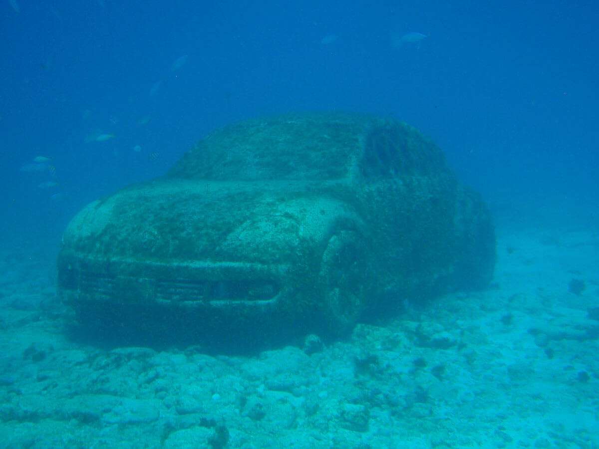 An underwater car at the MUSA Underwater Museum of Art in Isla Mujeres
