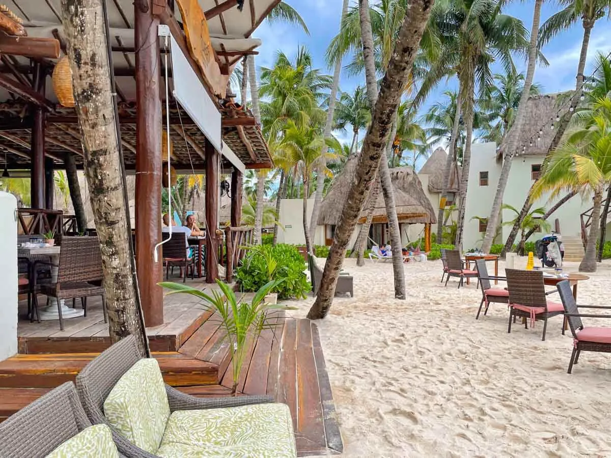 Tables and chairs on the beach surrounded by palm trees at Fuego Restaurant Playa del Carmen