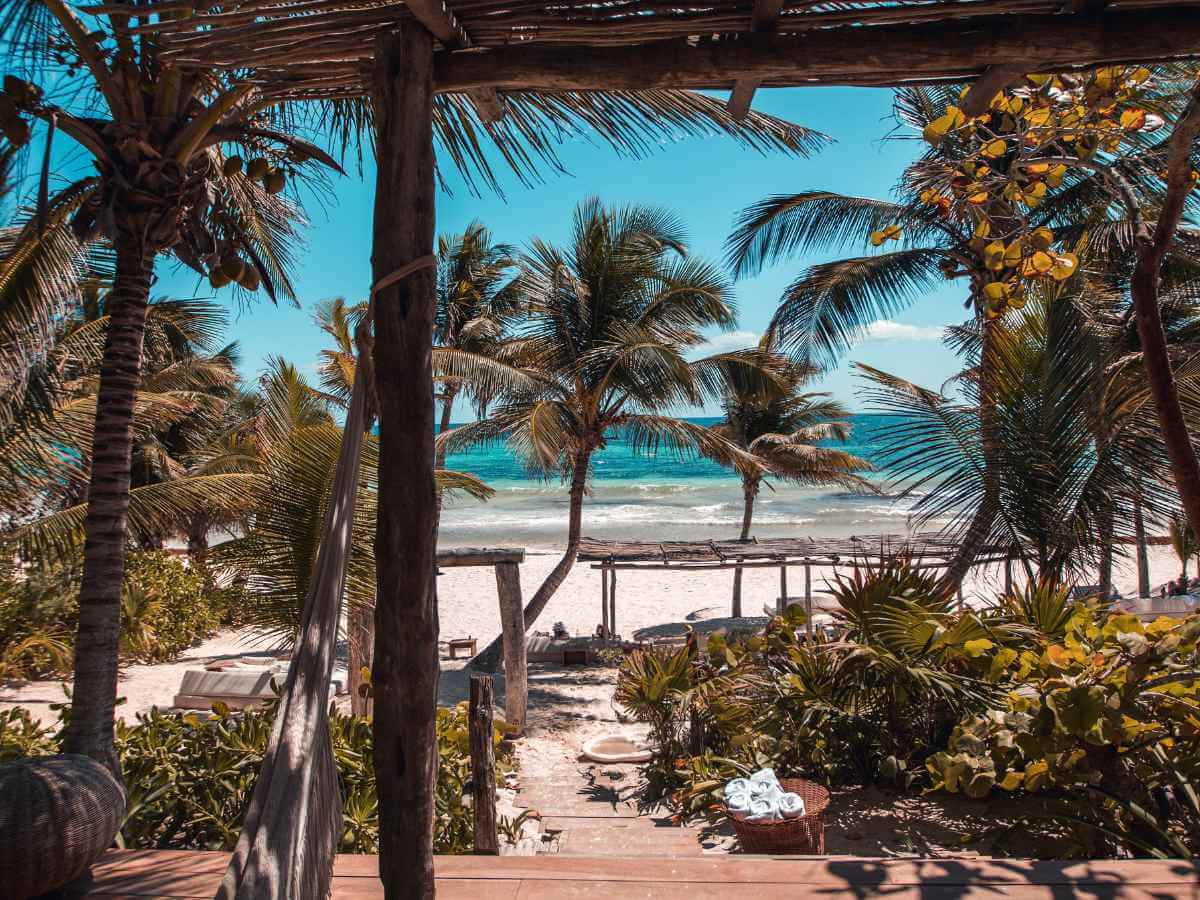 Wooden huts on the beach in Tulum Mexico surrounded by palm trees