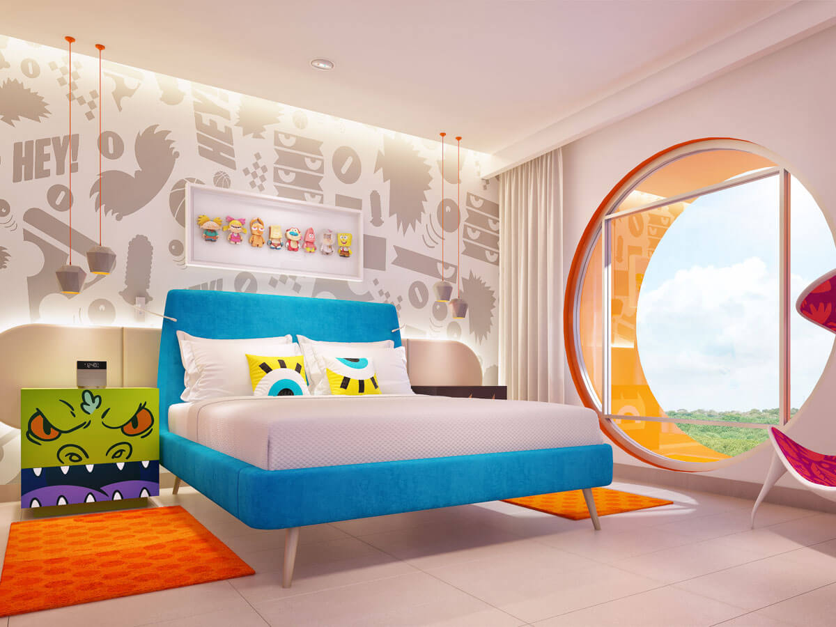 A colorful Nickelodeon-themed guestroom at Nickelodeon Resort Riviera Maya