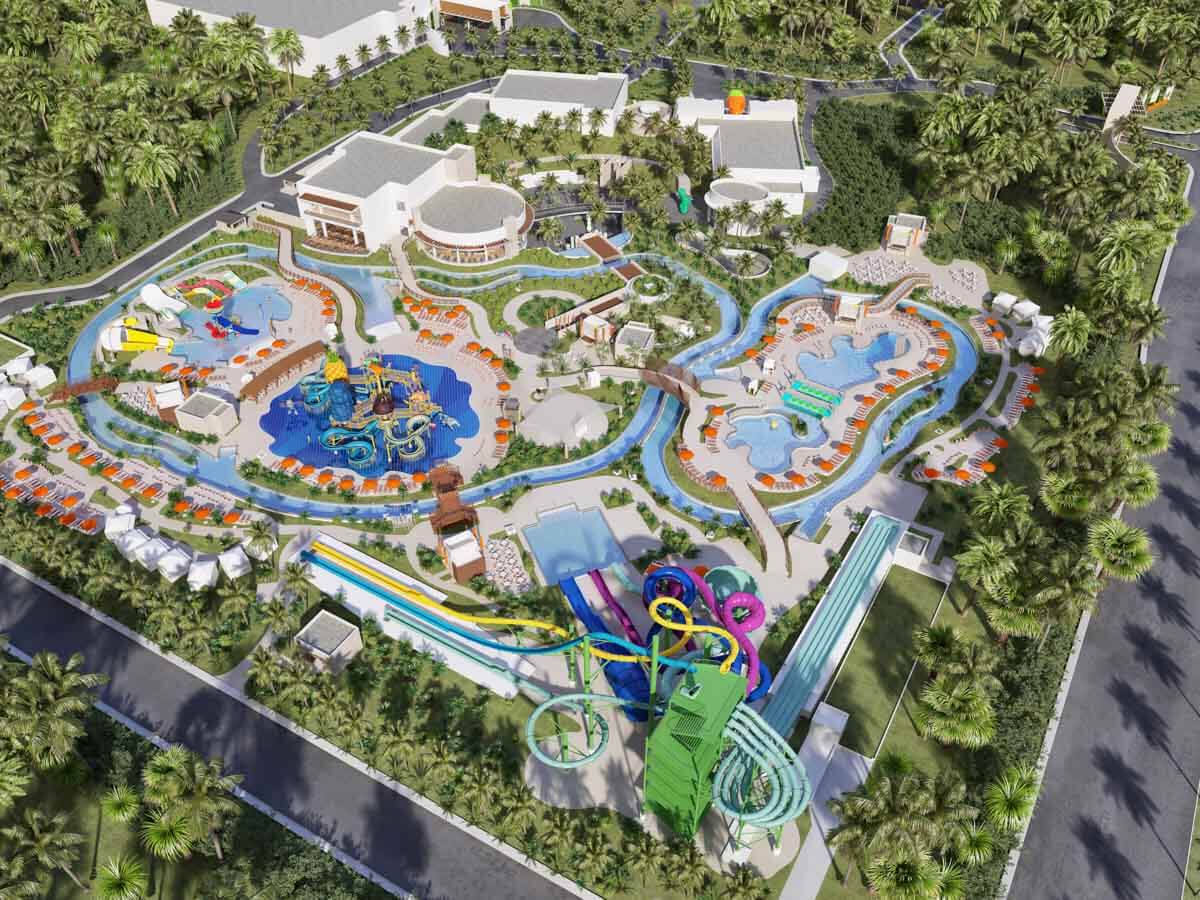 An aerial view of the water park and resort grounds at Nickelodeon Resort Riviera Maya
