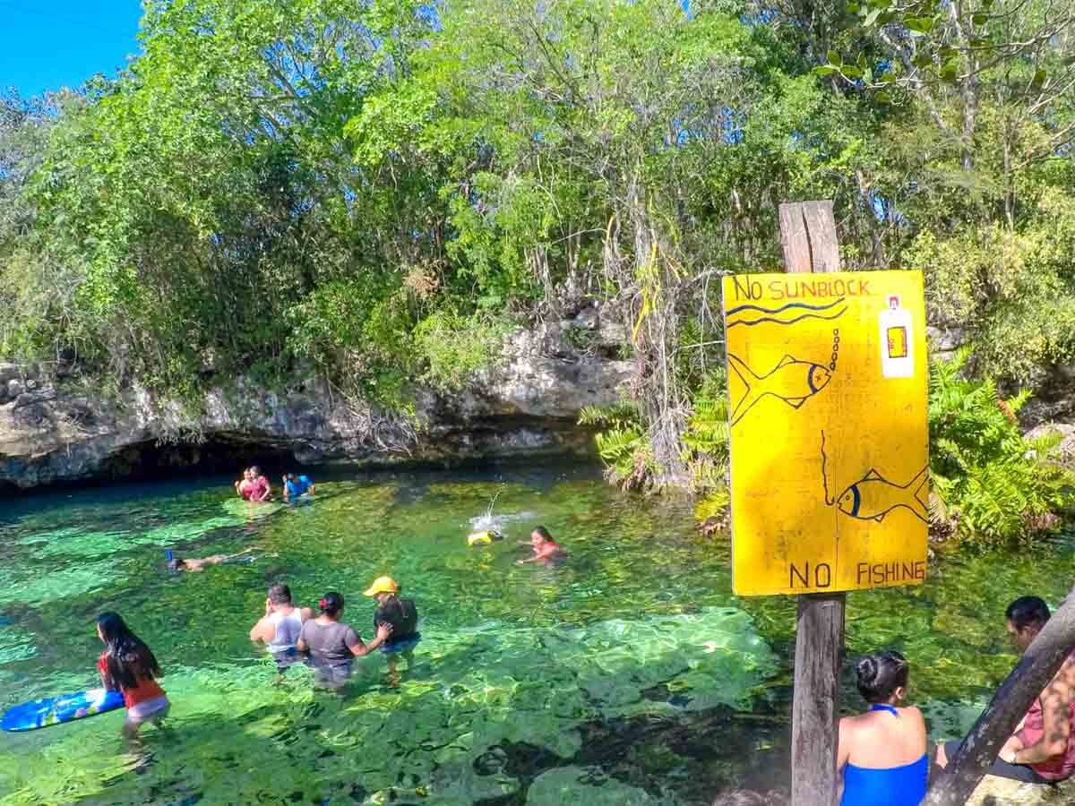 A yellow sign that says "No sunblock" in front of Cenote Azul Playa del Carmen